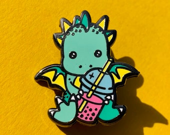 Green Boba dragon hard enamel pin badge, A great gift for boba tea lovers!!