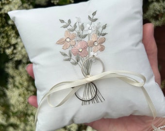 Hand Sewn Flower Wedding Ring Cushion for Ceremony, Floral Bouquet Ring Bearer Pillow, Page Boy and Flower Girl, Keepsake for Married Couple