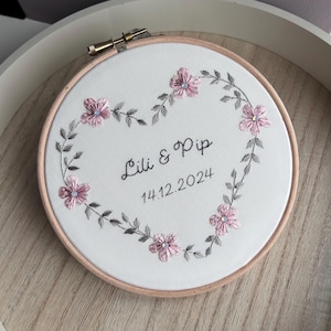 Regalo de boda con bordado, recuerdo de aniversario de bodas de algodón, bordado de corazón de flores personalizado