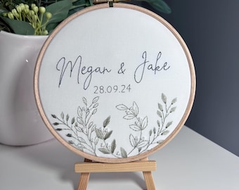 Personalised Wedding or Cotton Anniversary Embroidery Hoop Gift: Leaf Design