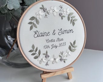 Personalised Floral Hand Embroidery Hoop Art: Wedding or Cotton Anniversary Keepsake Gift