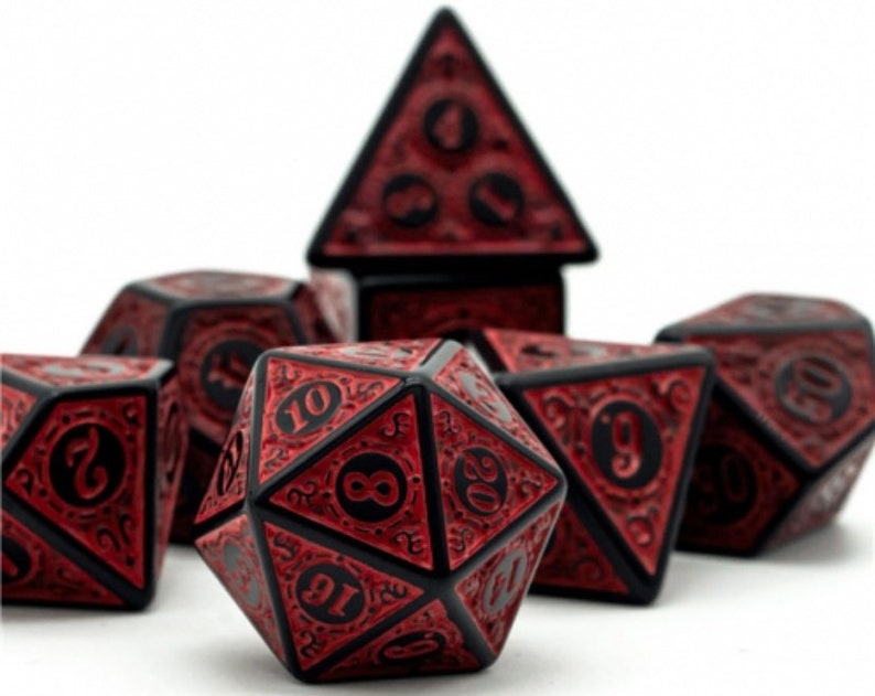 Runic Red DnD Dice Set, custom dice 7 piece translucent set RPG D&D Dungeons and Dragons Canada pathfinder polyhedral d20 critical roll 