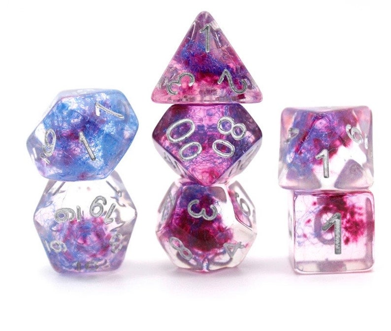 Purple rain DnD Dice Set, custom dice 7 piece translucent set RPG D&D Dungeons and Dragons Canada pathfinder polyhedral d20 critical roll 