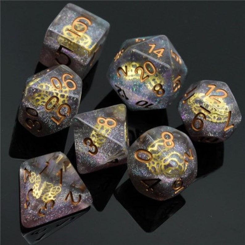 Artificer DnD Dice Set, custom dice 7 piece translucent set RPG D&D Dungeons and Dragons Canada pathfinder polyhedral d20 critical roll 