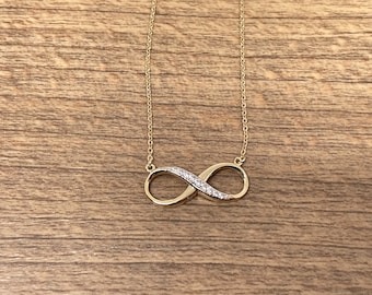 14K Gold Infinity Necklace • Real Yellow Gold Charm Infinity Necklace • Cubic Zirconia Gems • Daughter Gift • Christmas Gift