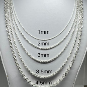 925 sterling silver rope chain necklace, made in Italy, 1mm, 2mm, 3mm, 3.5 mm, 4.5mm, lobster clasp, brand new, gift, men, women