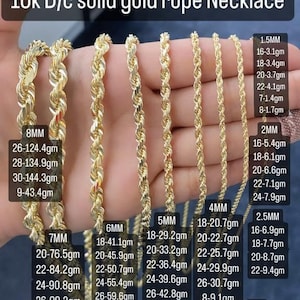 Real 10K Solid Yellow Gold Rope Chain Necklace 1.5mm 2mm 2.5mm 3mm 4mm 5mm 6mm 7mm 8mm 16&quot; 18&quot; 20&quot; 22&quot; 24&quot; 26&quot; 30&quot; Diamond Cut, Men, Women