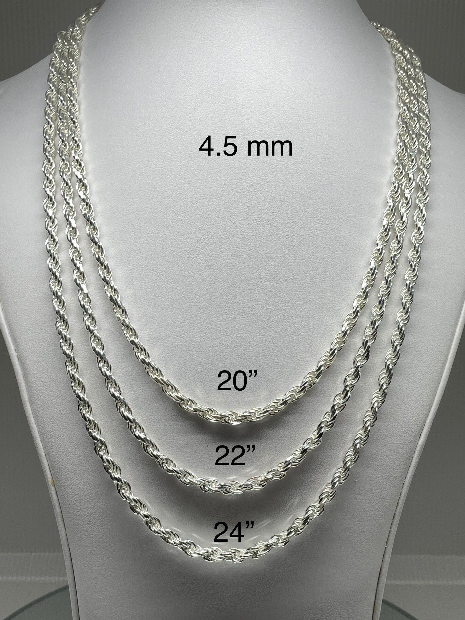 925 Sterling Silver Rope Chain Necklace, Made in Italy, 1mm, 2mm