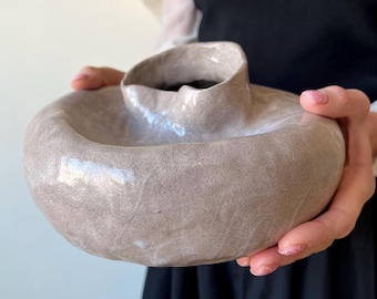 Handmade Wabi Sabi Stoneware Vase Sculptural Rustic Pottery Grey Artisan Decorative Pottery Vessel Organic Centerpiece