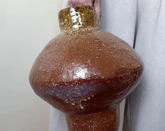 Extra Large Rustic Ceramic Vase Chunky Brown Bulbous Vessel Decorative Farmhouse Sculptural Centrepiece Round Earthy Interior Object