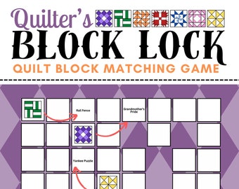 May include: A printable quilt block matching game with 16 different quilt blocks. The game is called "Quilter's Block Lock" and includes an instant download option. The blocks are named "Rail Fence", "Grandmother's Pride", "Yankee Puzzle", "Card Trick", and "Bare Deal".
