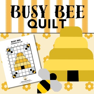 Pode incluir: Um padrão imprimível para um edredom Busy Bee, tamanho final 89 cm x 114 cm. O padrão inclui uma grade com quadrados e um design de colmeia. A imagem também mostra uma abelha de desenho animado e um fundo de favo de mel.