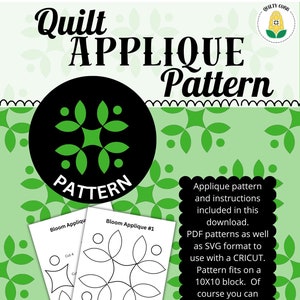 Puede incluir: Un patrón de descarga digital para una aplicación de acolchado con un diseño de flor. El patrón está disponible en formatos PDF y SVG y se puede usar con una máquina Cricut. El patrón cabe en un bloque de 10x10 pulgadas, pero se puede ajustar a cualquier tamaño.