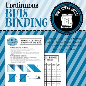Pode incluir: Uma folha de dicas de acolchoado imprimível com instruções para fazer uma união contínua em viés. A folha inclui uma tabela com medidas para diferentes tamanhos de colchas e larguras de união em viés. A tabela é etiquetada como "Folha de dicas de união contínua".