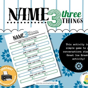 QUILT GAME, Name Three Things, Games for Retreats & Guilds, Instant Digital Download, Printable Game, Quilty Cobb