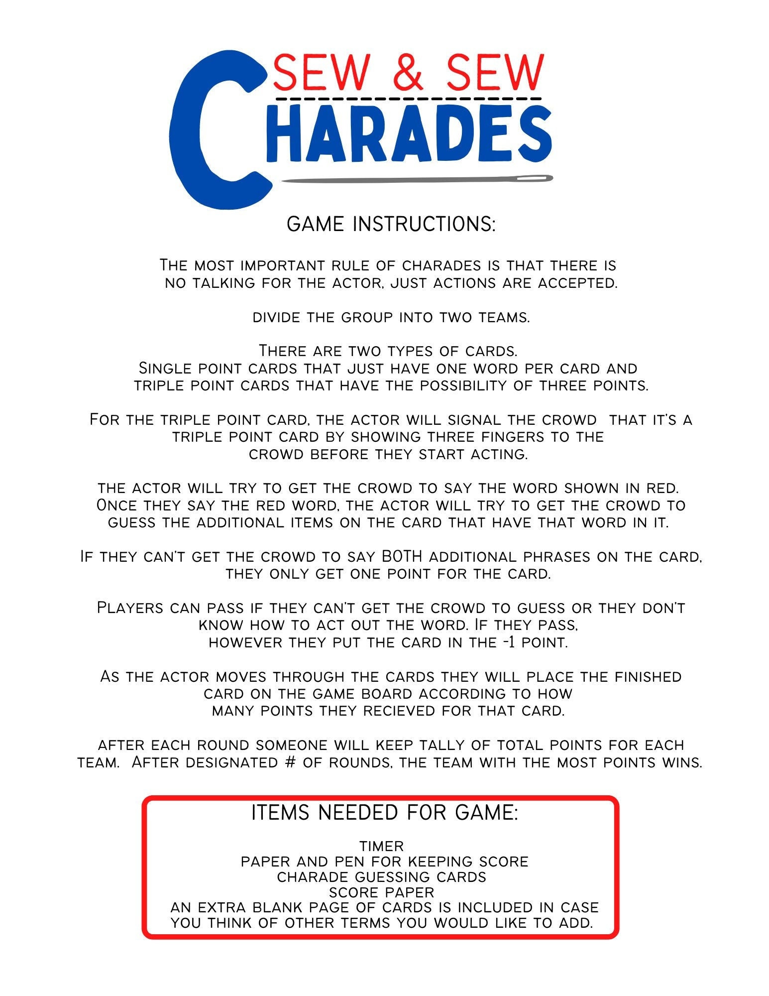 QUILT GAMES, Quilt Charades, Instant Digital Download, Printable Games