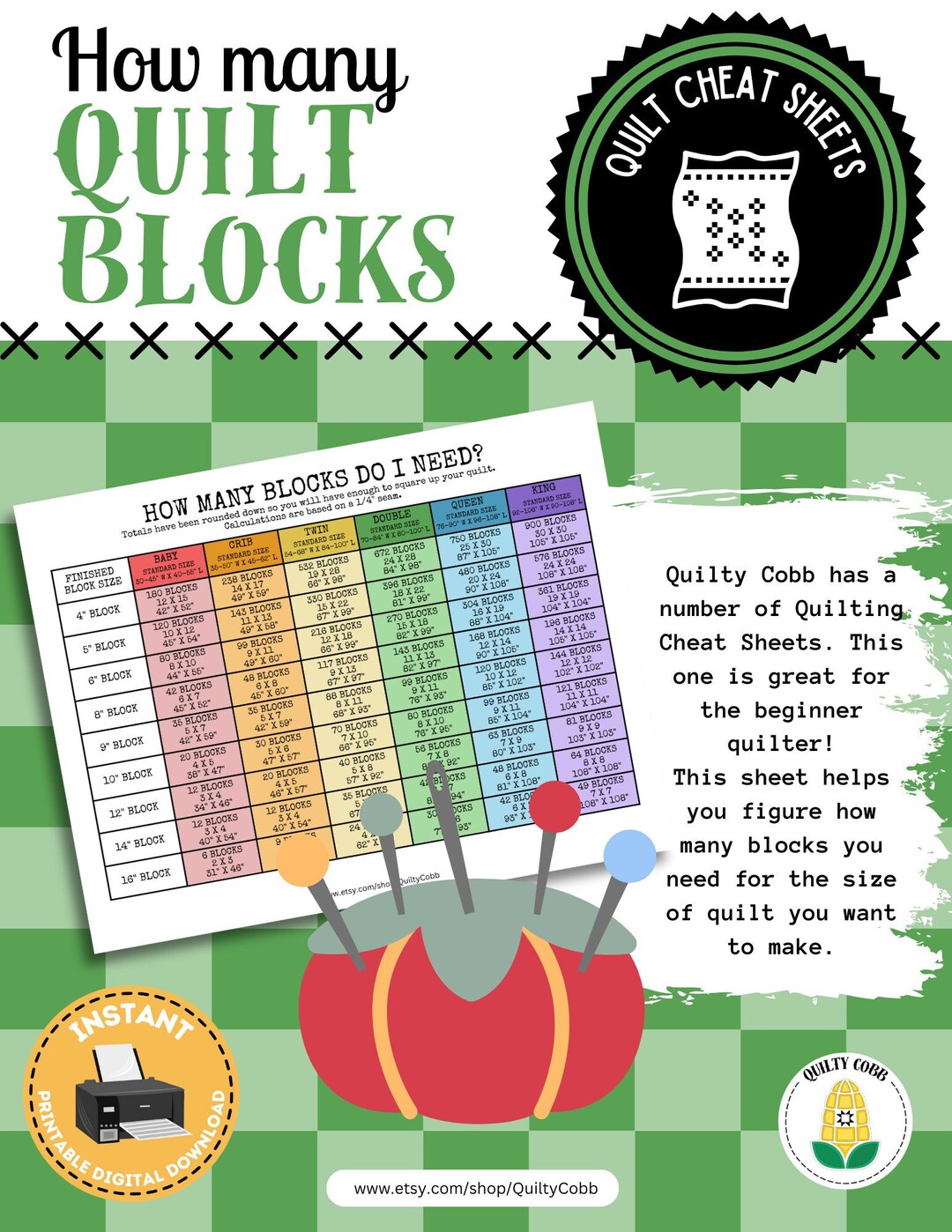 QUILT REFERENCE GUIDE, How Many Blocks Do I Need, Cheat Sheet, Instant Digital Download