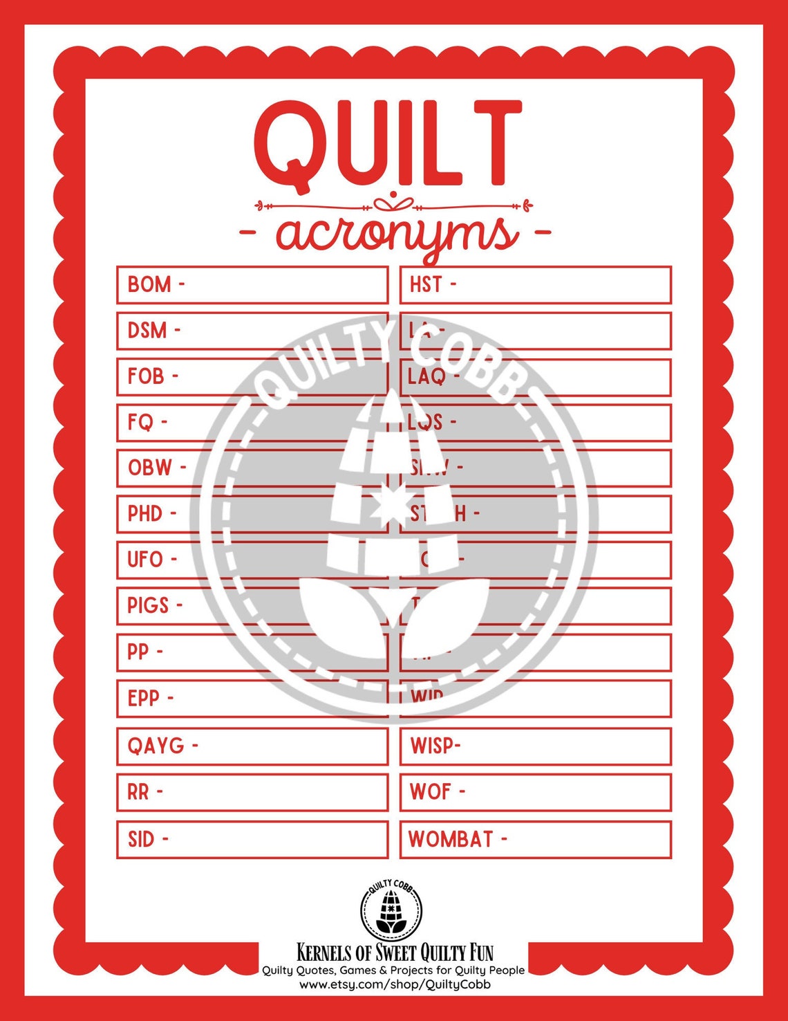 QUILT GAME Quilt Acronyms Instant Digital Download Etsy
