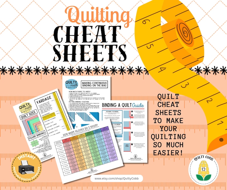 Puede incluir: Gr&aacute;fico color melocot&oacute;n con el texto "Quilting Cheat Sheets" y varias hojas informativas sobre acolchado. Una cinta m&eacute;trica amarilla est&aacute; en el fondo. Tambi&eacute;n est&aacute; presente el texto "Quilt Cheat Sheets to Make Your Quilting So Much Easier!"