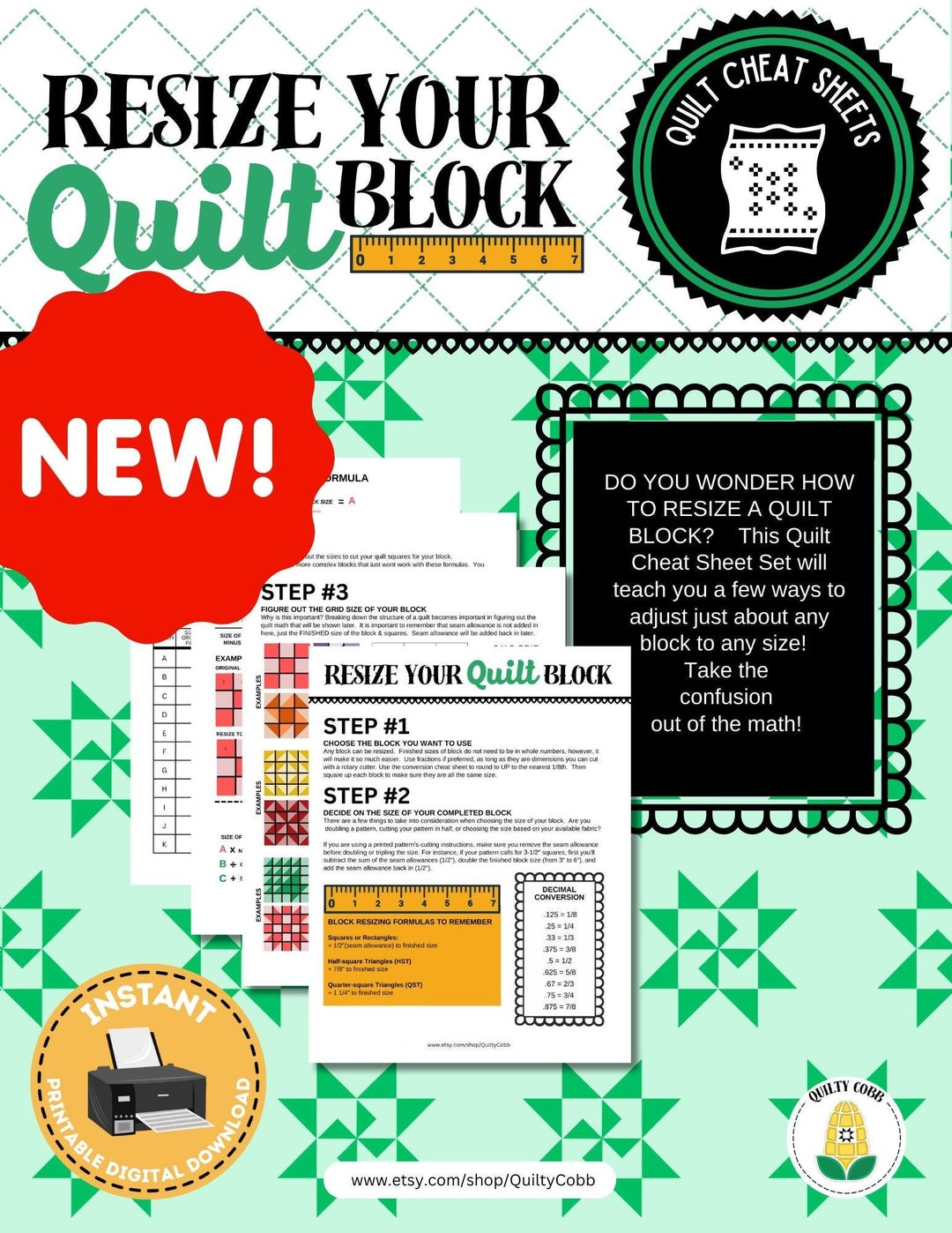 QUILT CHEAT SHEETS, Resize Quilt Block Instant Download, Printable, Quilt Planner, Quilty Cobb ...