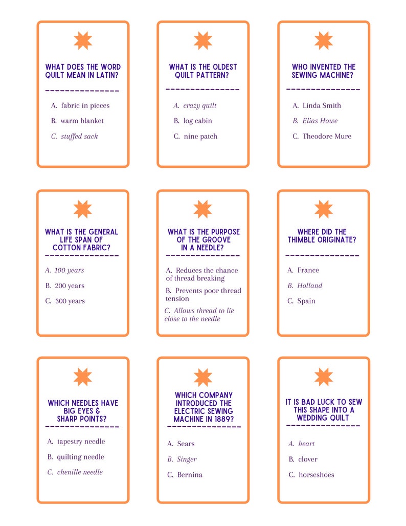 QUILT GAME Quilters Trivia Instant Digital Download Etsy