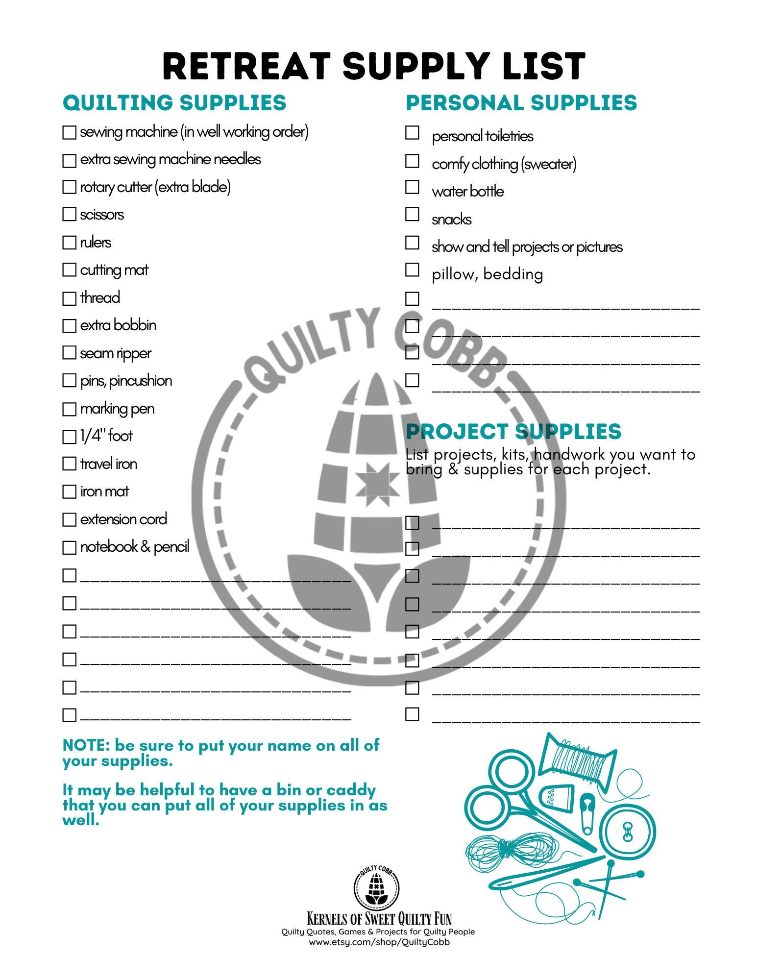 Quilt Retreat Supply List Digital Download Quilt Guild Etsy