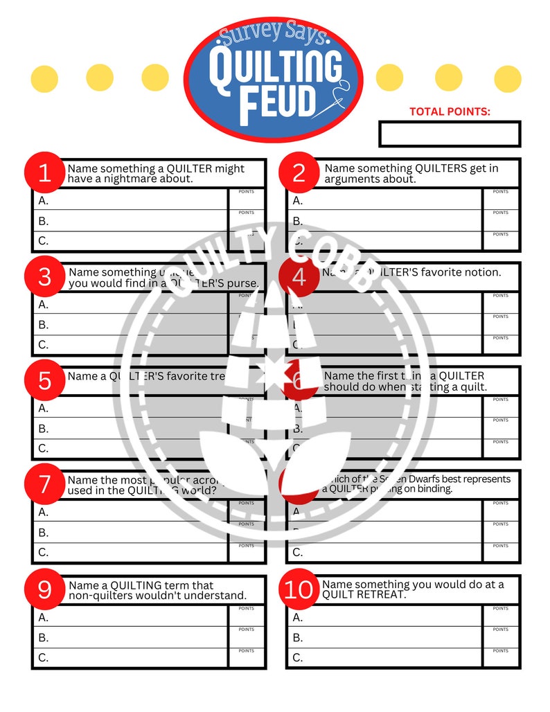 QUILT GAME Quilting Feud Instant Digital Download Printable Etsy