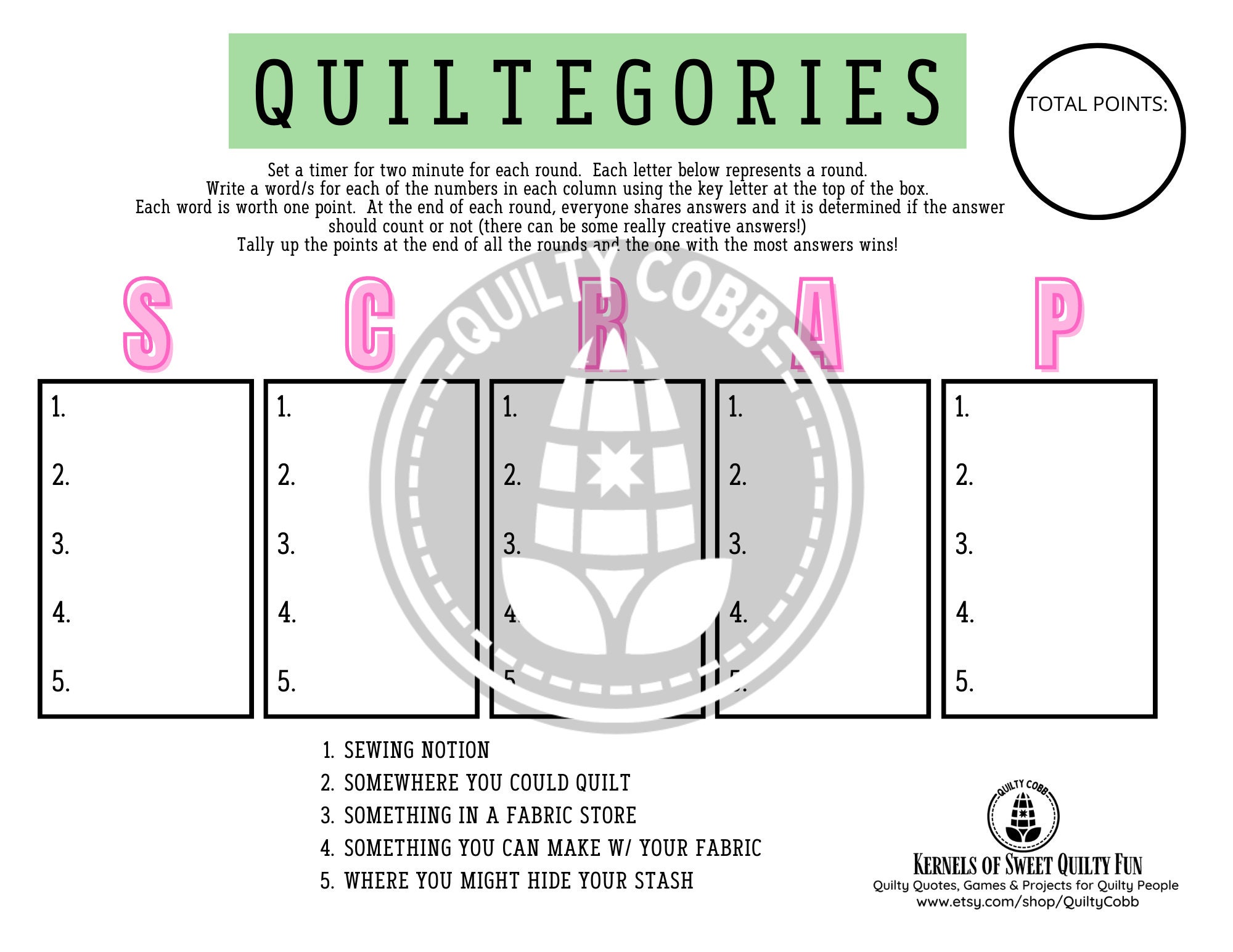 QUILT GAME Game Bundle Instant Digital Download Printable Etsy