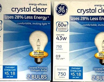 GE Crystal Clear 60W A19 Dimmable Light Bulbs, E26 Base (2-Pack)