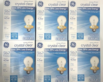 GE Crystal Clear 60W A19 Dimmable 12 Light Bulbs, E26 Base (6-Pack)