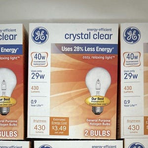 May include: Three packages of GE Crystal Clear energy-efficient light bulbs. Each package contains two 40-watt bulbs that use 28% less energy and provide a cozy, relaxing light. The bulbs are 29 watts and have a 430 lumen brightness. The estimated energy cost is $3.49 per year.