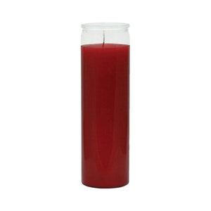 May include: A red glass candle in a clear glass jar.