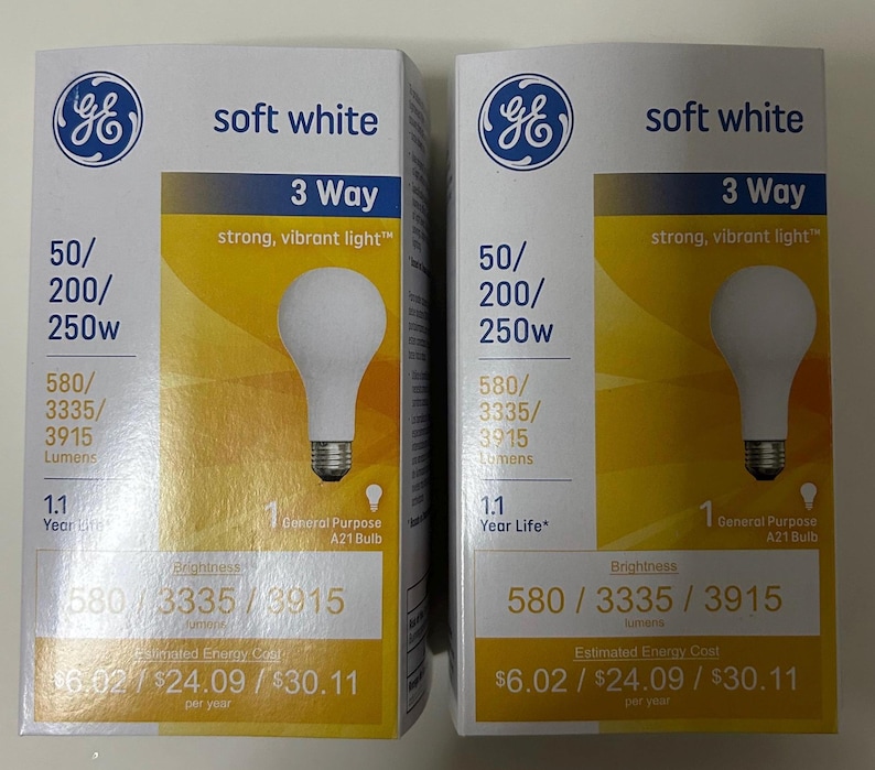GE 3-way Soft White Light Bulbs: 50/200/250W, A21 E26 Base, 12-pack - Etsy