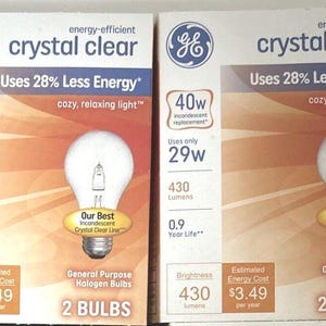 May include: Two-pack of GE Crystal Clear energy-efficient halogen light bulbs. Each bulb is 40 watt incandescent replacement, uses 29 watts, and provides 430 lumens. The bulbs are general purpose and have a 0.9 year life. The estimated energy cost is $3.49 per year.