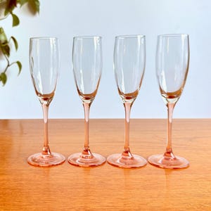 Set of Four Vintage French Luminarc Champagne Flutes,  1970s Tall Pink Rose Stemware, Vintage Barware