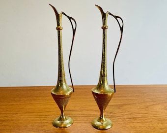 Antique Pair of Indian Etched Brass Pitchers, Vintage Collectable Brassware