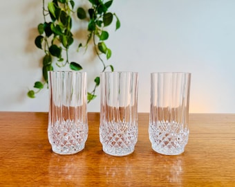 Vasos altos de cristal Longchamp de los años 70 - Juego de 3 - Cristalería vintage
