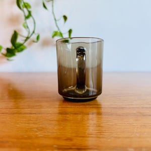 May include: A clear, brown-tinted glass mug with a handle. The mug sits on a wooden surface, with a green plant in the background. The mug is empty and appears to be made of durable glass.