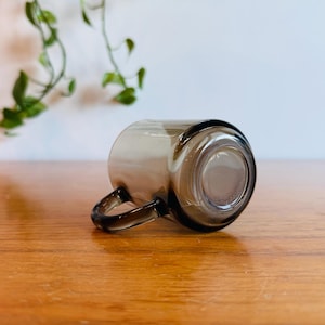 May include: A clear, gray-tinted glass mug with a rounded body and a small handle. The mug is lying on its side on a wooden surface. Green leafy vines are visible in the background.