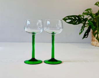Pair Vintage Luminarc Vin Du Rhin Green Stem Wine Coupes - Tall 1970s French Barware - Set of 2