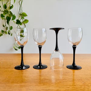 4 Vintage Luminarc Domino Black Stemmed Wine Glasses - Set of Four - Vintage Mid-century Wine Glasses c1970s