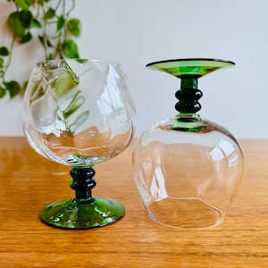 1970s Green Stem Crystal Balloon Glasses - Mid Century Modern Set