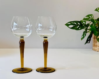 Vintage Amber Stem Tall Hock Wine Glasses, Large 225ml Wine Glass Duo, 1970s Glassware