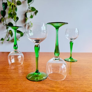 Emerald Stem Bohemia Crystal Wine Glasses - Mid Century Modern Hock Glassware, Set of 4