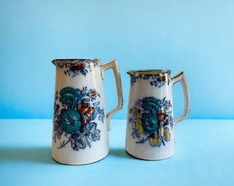 Pair of Late 1800s Sydenham Floral Polychrome Ceramic Pitchers, Antique Victorian