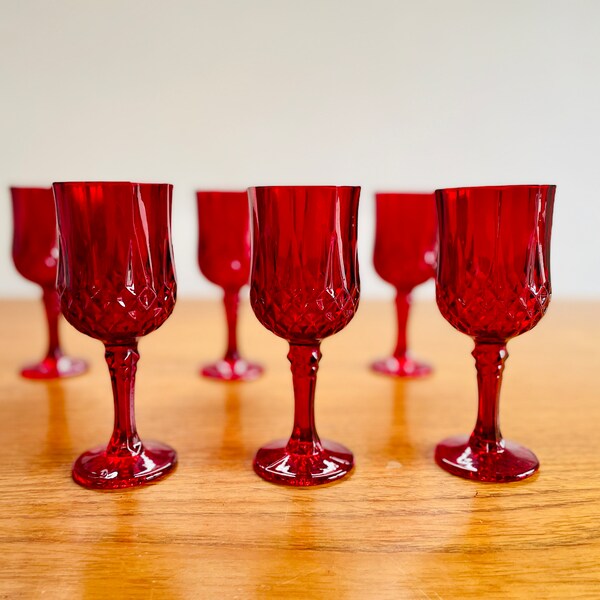 Six Rare Ruby Crystal Water Glasses, Vintage French Glassware