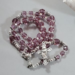 1st Communion Double Sided Chalice Center Rosary French Rose Czech Fire Polished Crystals Oak & Grape Chalice Cross 16.5&quot;