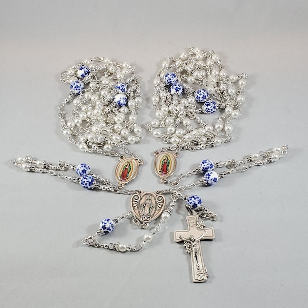 Wedding Lasso Rosary Lazo de Boda Color Lady Guadalupe Centers White Czech Glass Pearls Blue Winter Flower Porcelain Beads Lilly Crucifix