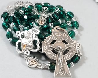 Shamrock St. Patrick Center Rosary Emerald Green Czech Fire Polished Crystal Aves Celtic Knot Paters Celtic Crucifix Pinned 19.5"
