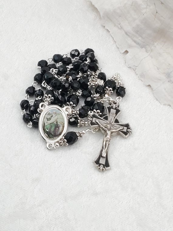 Luke Color Center Rosary Beads Jet Black Czech Fire Polished